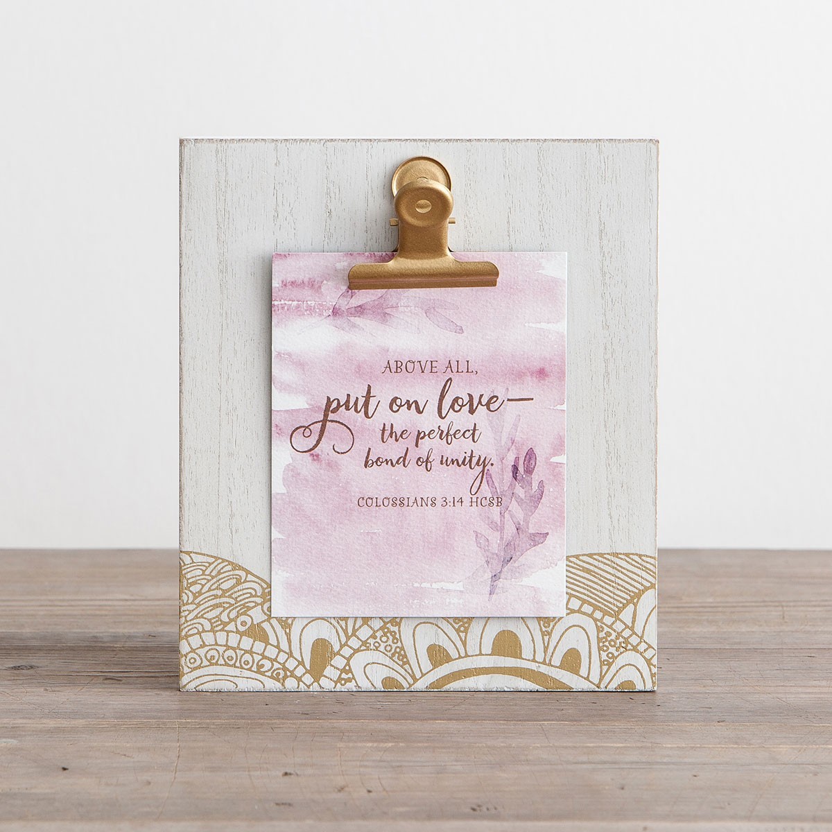 Marco con clip y 25 láminas recambiables. Madera. Acabado blanco lavado