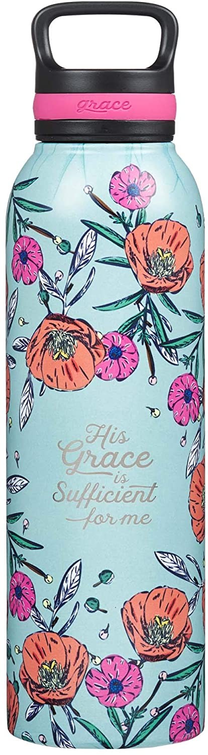 Botella térmica His Grace is sufficient for me. Acero inoxidable. Turquesa floral (inglés)