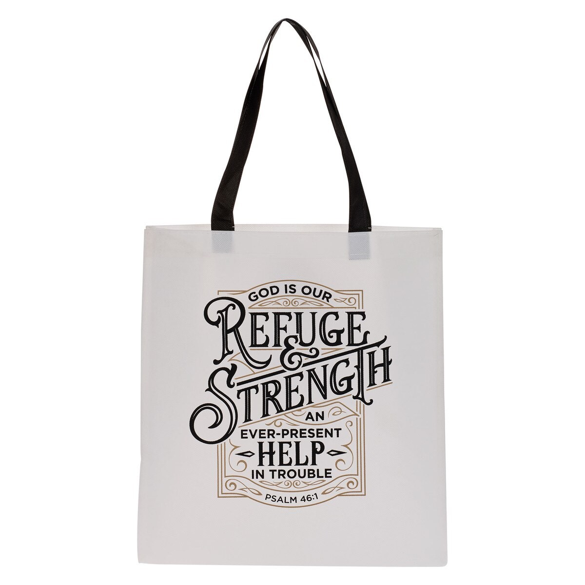 Bolsa Refuge & strength (Salmo 46:1). Polipropileno. Negro/blanco (inglés)