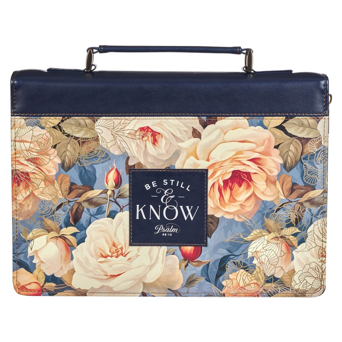 Funda para Biblia Be still & know (Salmo 46:10). 2 tonos. Azul marino floral - XL (inglés)