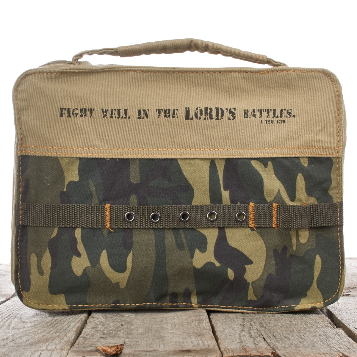 Funda para Biblia 1 Timoteo 1:18. Lona. Camuflaje - L
