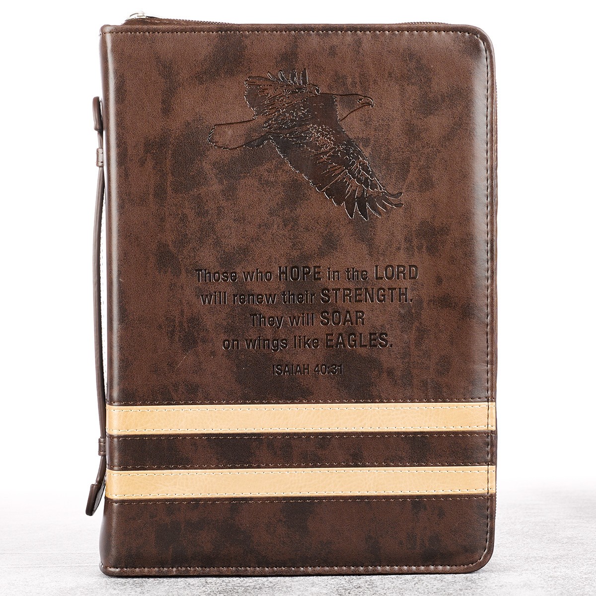 Funda para Biblia Isaías 40:31. Imitación piel. Marrón y beige - XL