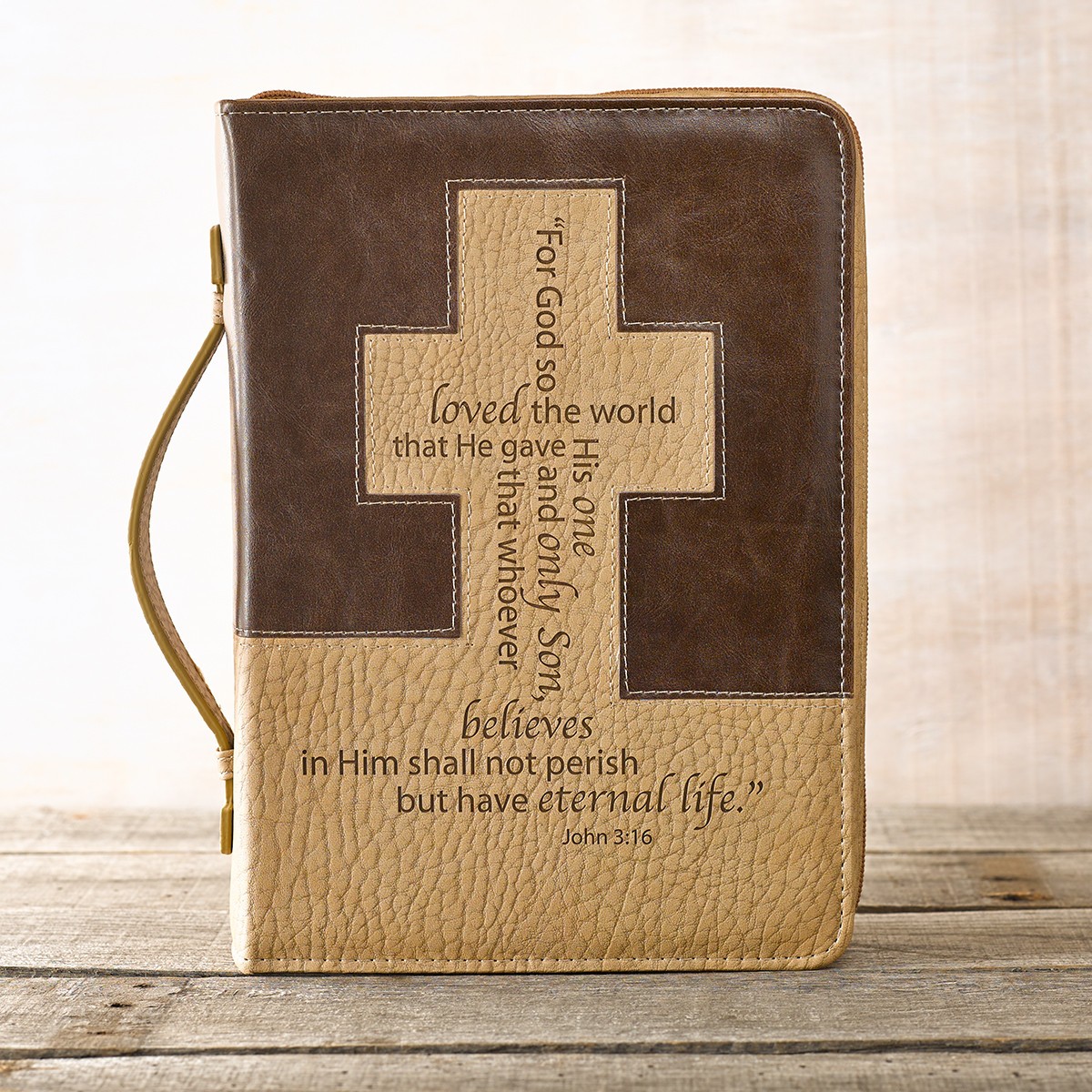 Funda para Biblia Juan 3:16. Imitación piel. Marrón y beige - L