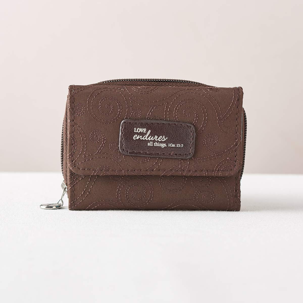 Monedero y billetera 1 Corintios 13:7. Microfibra. Marrón y turquesa
