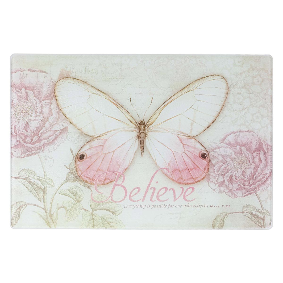 Tabla de cortar de cristal templado Marcos 9:23. Mariposa