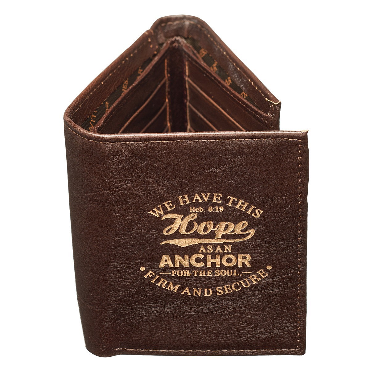 Billetera Hebreos 6:19. Piel genuína. Marrón