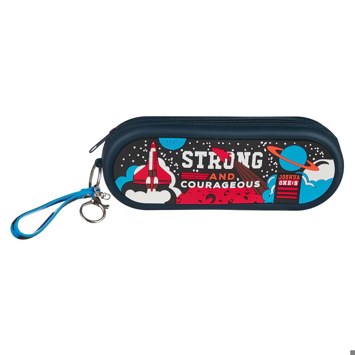 Estuche Strong and courageous (Josué 1:9). Silicona. Azul marino (inglés)