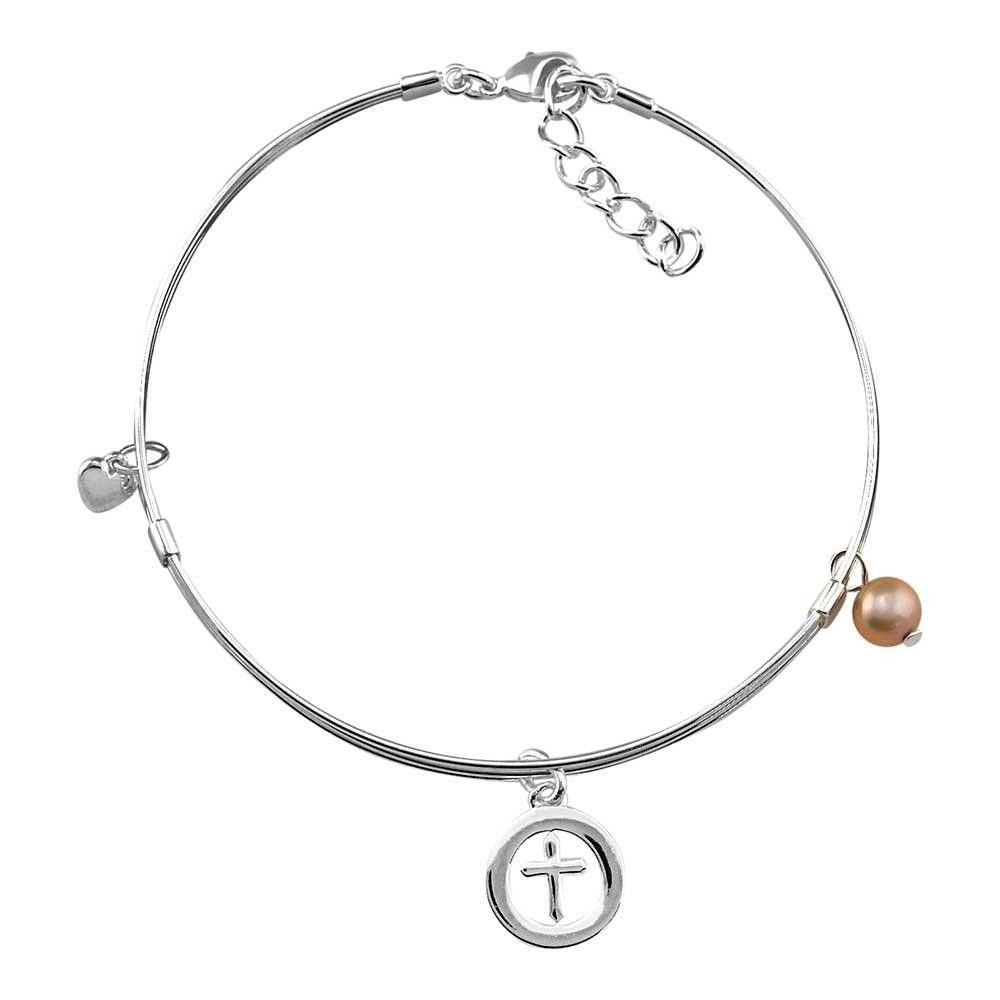Pulsera Cruz, corazón e inserción champagne. Plata