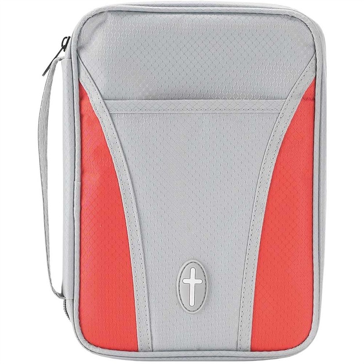 Funda para Biblia Cruz. Nylon. Gris/naranja - L