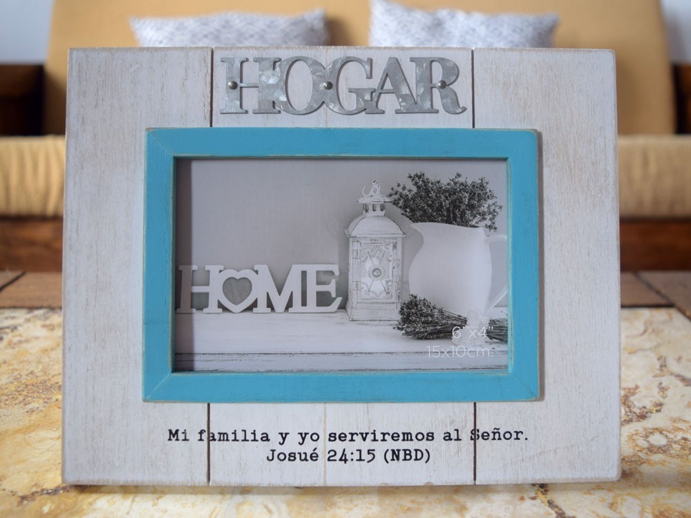 Portafotos Hogar (Josué 24:15). Madera. Blanco y azul