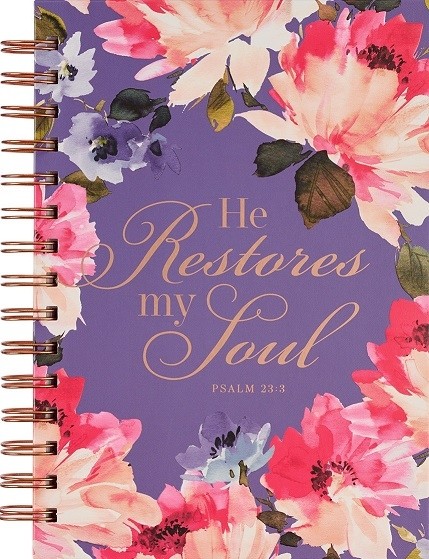 Diario He restores my soul (Salmo 23:3). Tapa dura. Morado floral. Espiral (inglés)