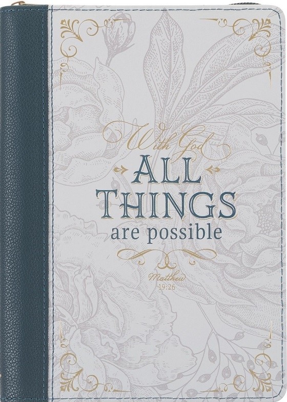Diario With God all things are possible (Mateo 19:26). 2 tonos. Verde azulado/blanco. Cremallera (inglés)