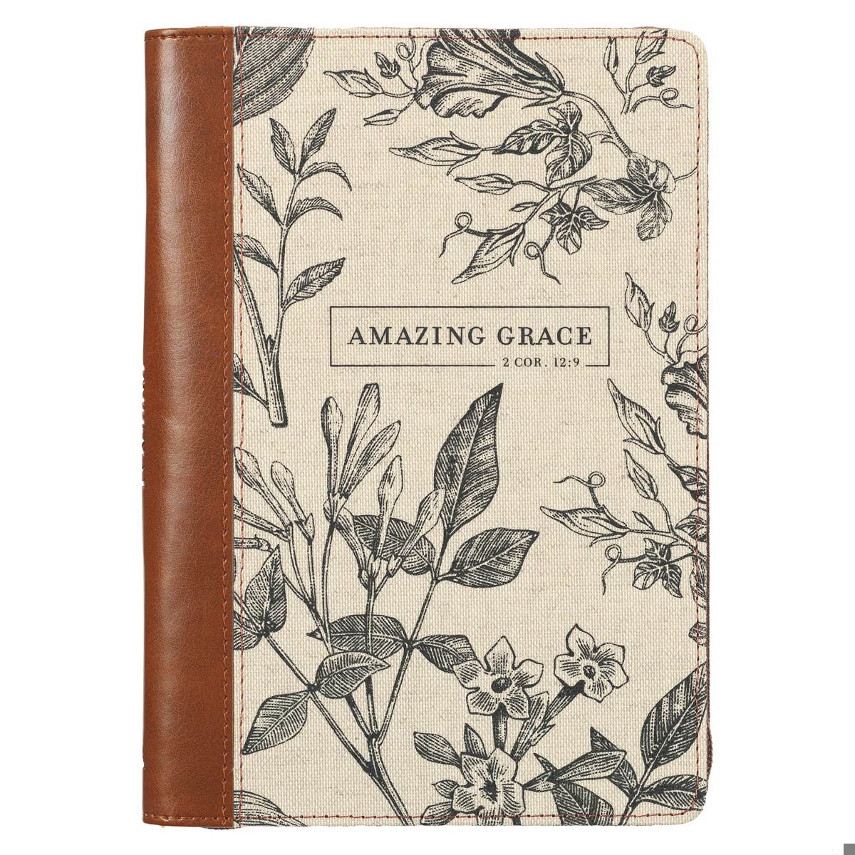 Diario Amazing Grace (2 Corintios 12:9). Imitación piel y lona. Marrón/beige floral. Cremallera (inglés)