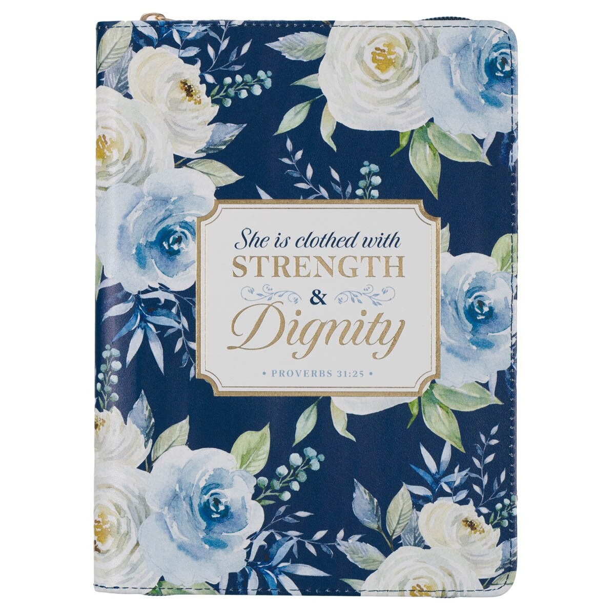 Diario Strength & dignity (Proverbios 31:25). 2 tonos. Azul floral. Cremallera (Ingles)