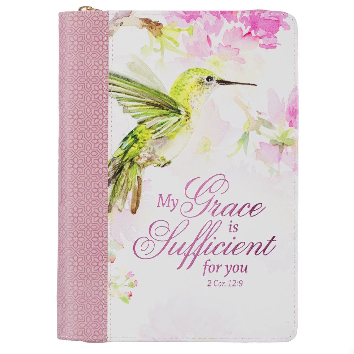 Diario My Grace (2 Corintios 12:9). 2 tonos. Rosa/blanco floral. Cremallera (inglés)
