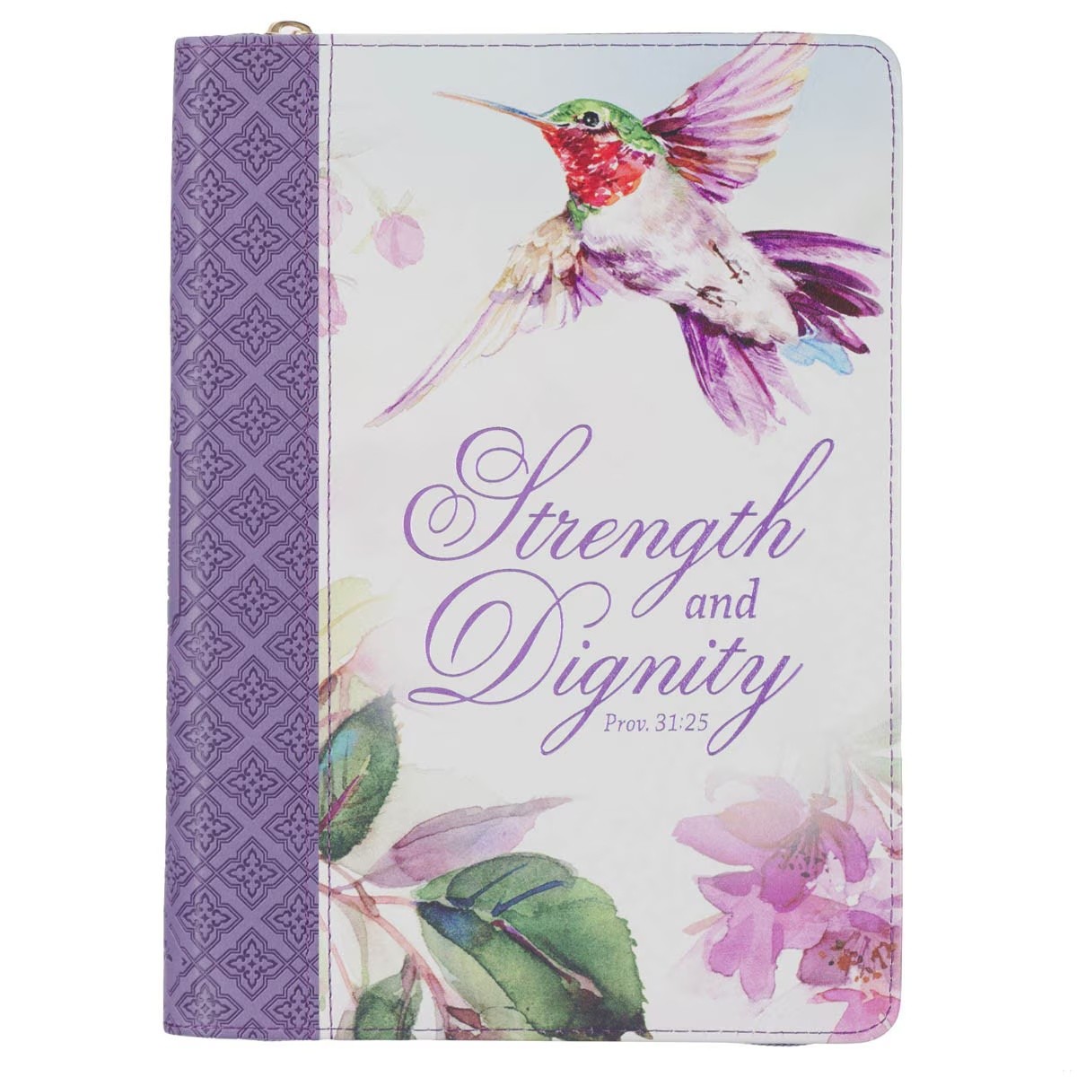 Diario Strength & dignity (Proverbios 31:25). 2 tonos. Morado/blanco floral. Cremallera (inglés)