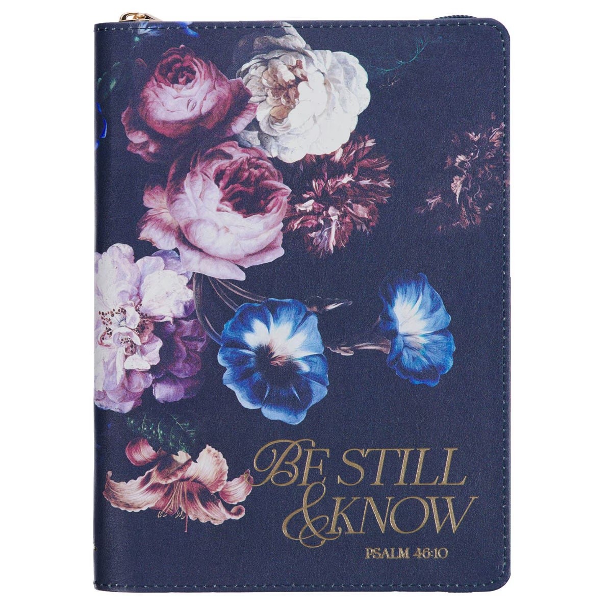 Diario Be still & know (Salmo 46:10). 2 tonos. Azul floral. Cremallera (inglés)