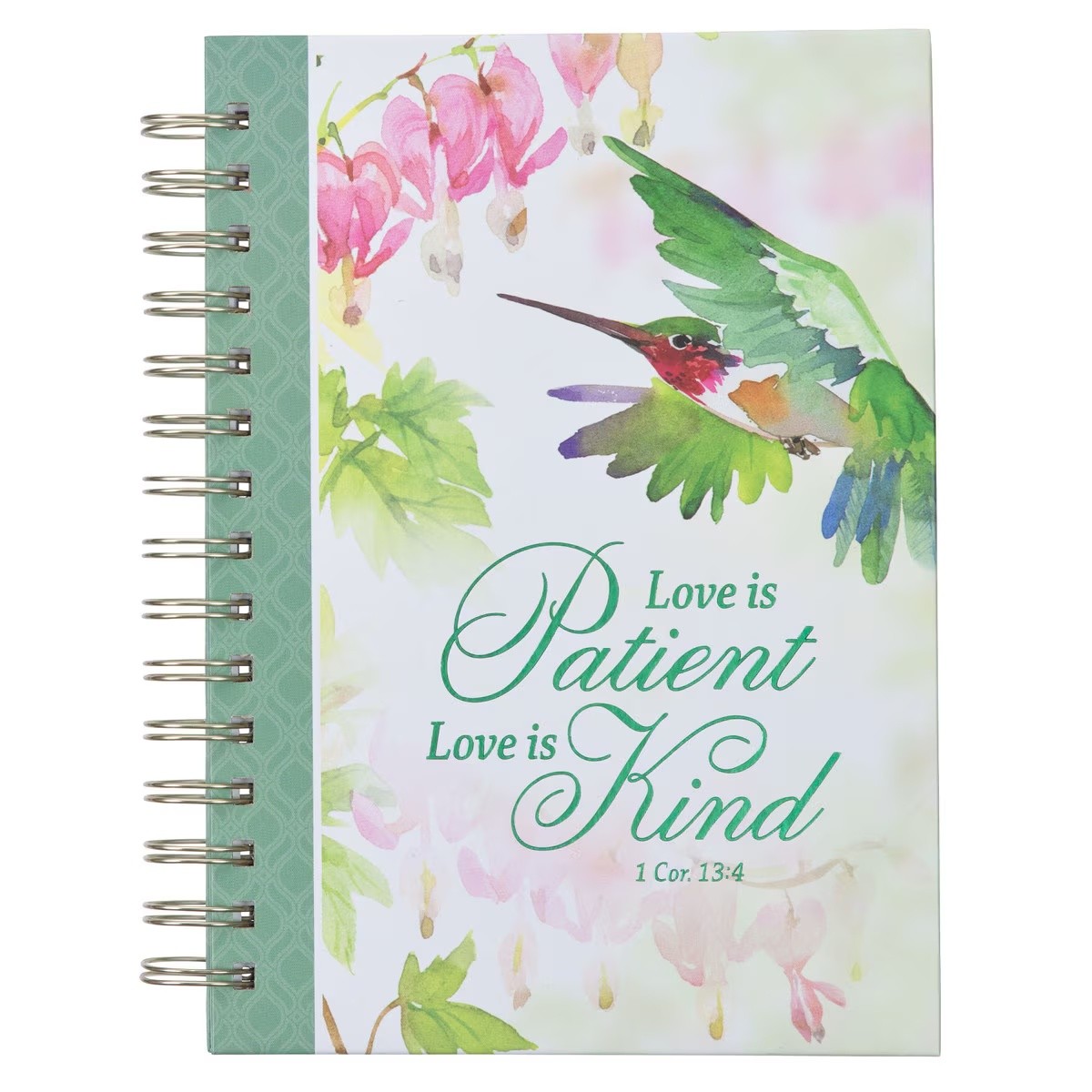 Diario Love is patient (1 Corintios 13:4). Tapa dura. Verde floral. Espiral (inglés)