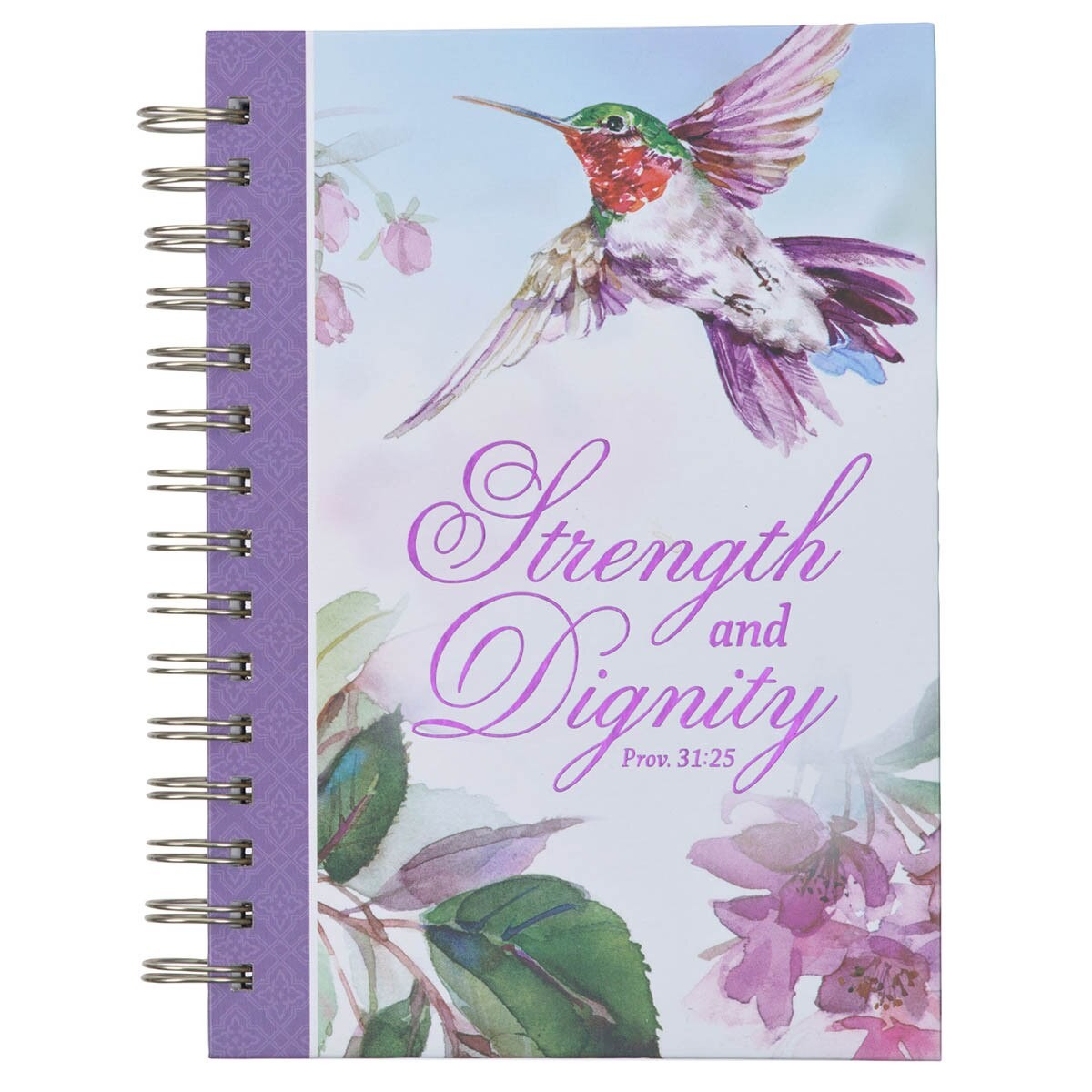 Diario Strength and dignity (Proverbios 31:25). Tapa dura. Morado floral. Espiral (inglés)