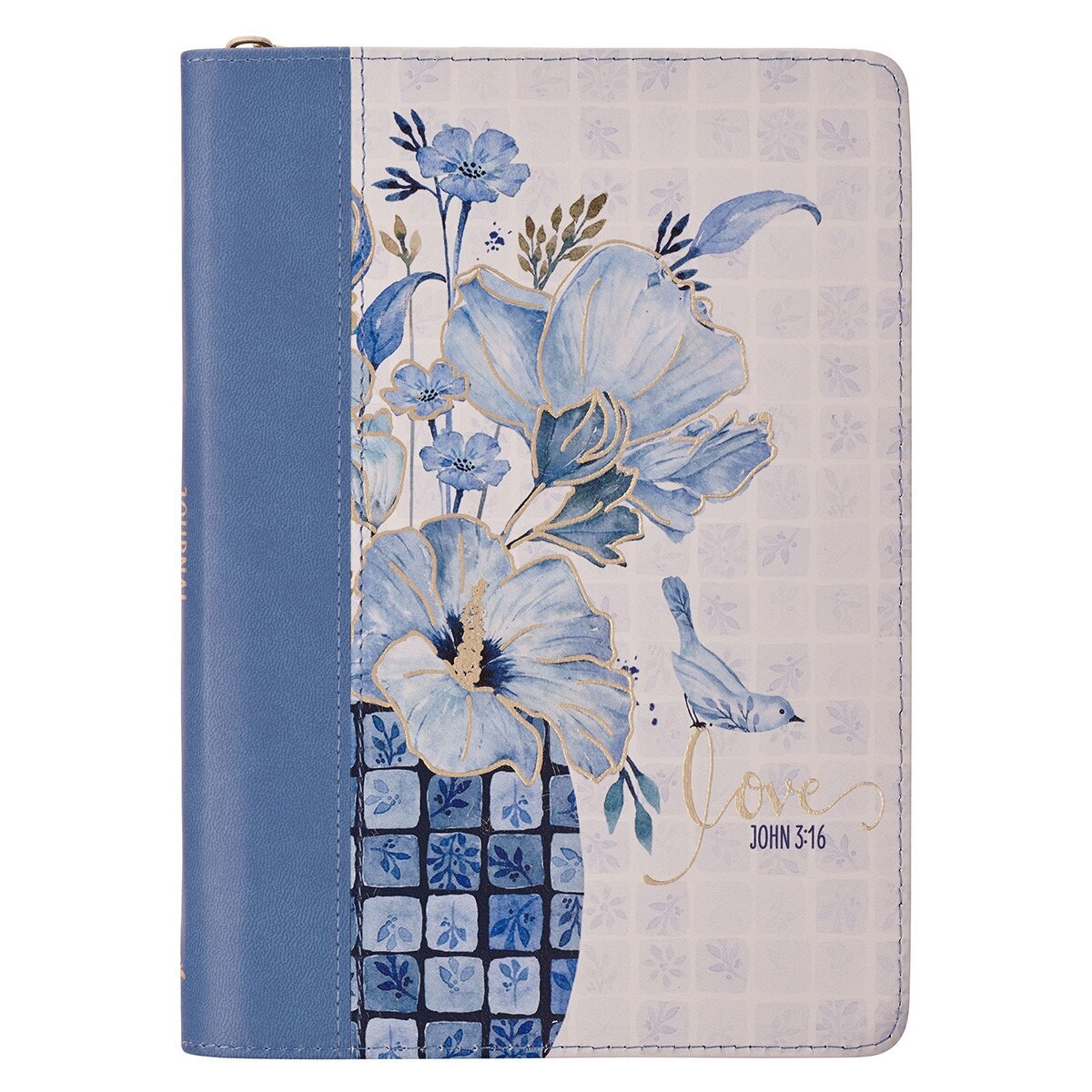Diario Love (Juan 3:16). 2 tonos. Azul floral. Cremallera (inglés)