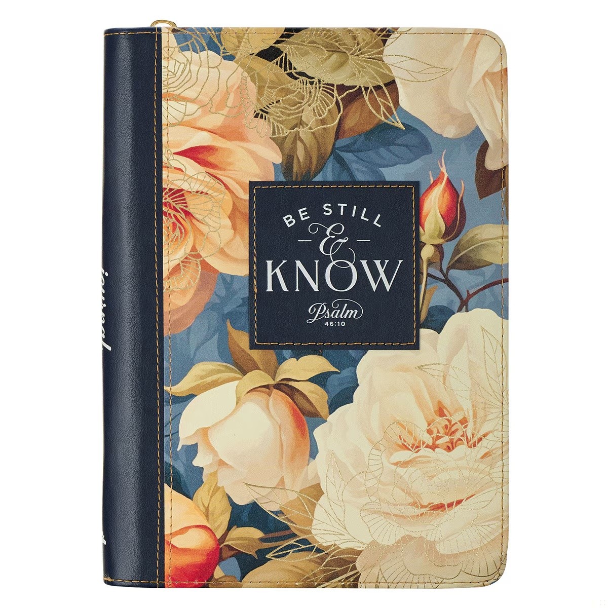 Diario Be still & know (Salmo 46:10). 2 tonos. Azul marino floral. Cremallera (inglés)