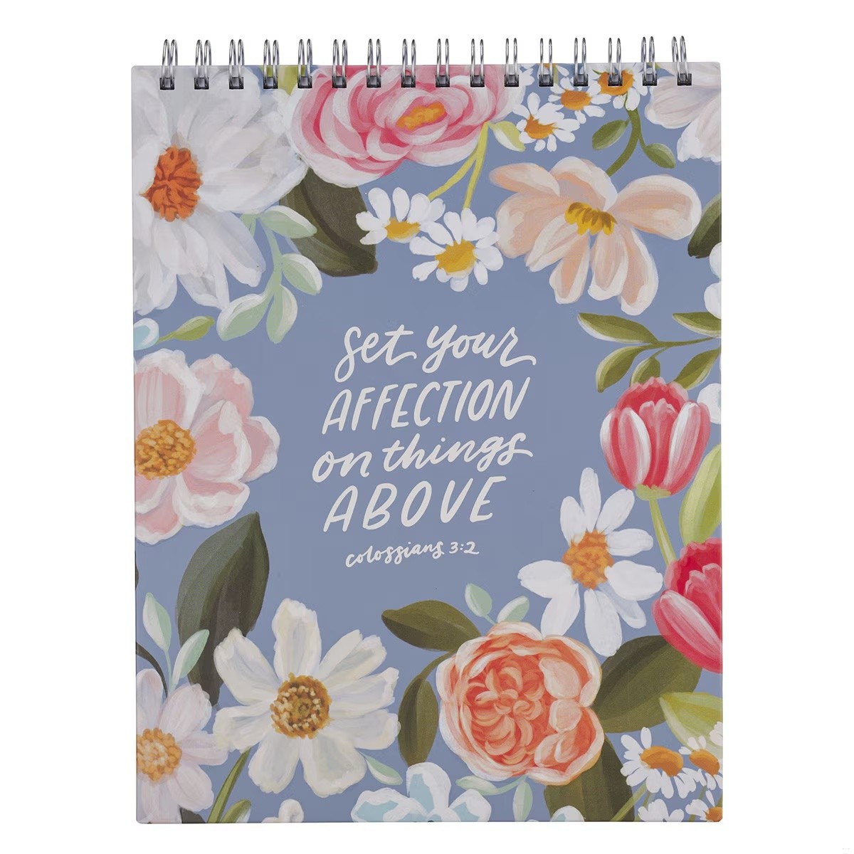 Libreta Things above (Colosenses 3:2). Tapa dura. Azul floral. Espiral (inglés)