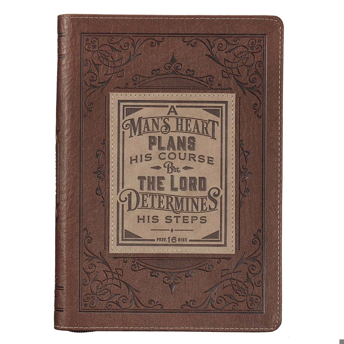 Diario A man´s heart (Proverbios 16:9). 2 tonos. Marrón. Cremallera (inglés)