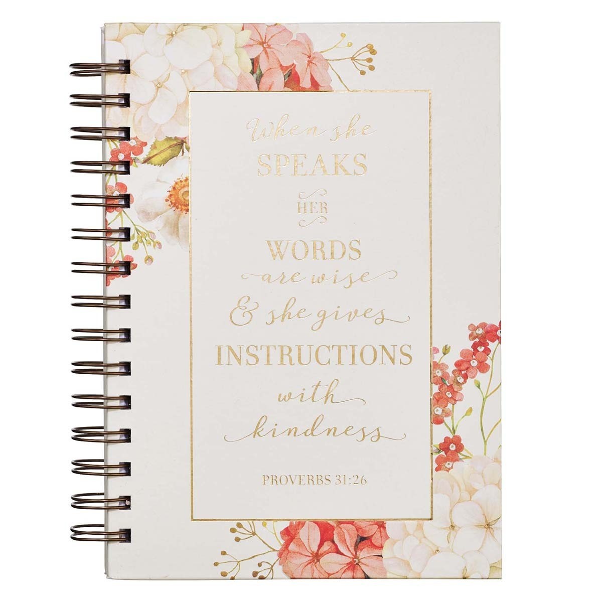 Diario When she speaks (Proverbios 31:26). Tapa dura. Beige floral. Espiral (inglés)