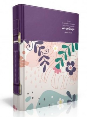 Funda para Biblia Mi esperanza (Salmo 119:114). 2 tonos. Crema floral/violeta - L