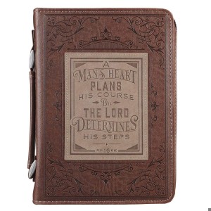 Funda para Biblia A mans heart plans (Proverbios 16:9). 2 tonos. Marrón - XL (inglés)