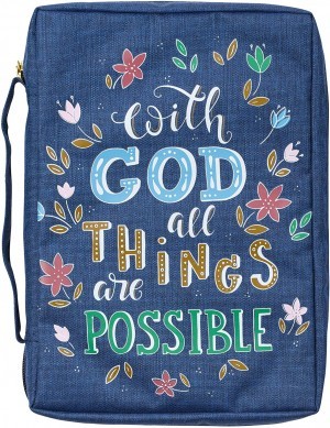 Funda para Biblia With God all things are possible. Lona. Azul floral - XL (inglés)