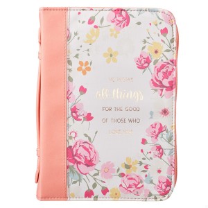 Funda para Biblia He works all things for good (Romanos 8:28). 2 tonos. Melocotón floral - XXL (inglés)