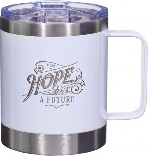 Botella térmica con asa Hope & a future (Jeremías 29:11). Acero inoxidable. Blanco (inglés)