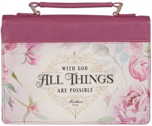 Funda para Biblia With God all things are possible (Mateo 19:26). 2 tonos. Rosa/crema floral (inglés) - L