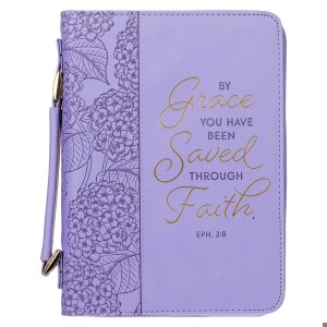 Funda para Biblia Saved by Grace (Efesios 2:8). 2 tonos. Lavanda floral - L (inglés)