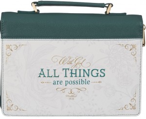 Funda para Biblia With God all things (Mateo 19:26). 2 tonos. Verde azulado/blanco floral (inglés) - L