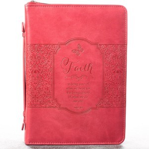 Funda para Biblia  Hebreos 11:1. Imitación piel. Rosa - XL