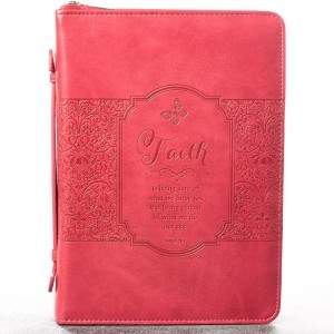 Funda para Biblia  Hebreos 11:1. Imitación piel. Rosa - XL