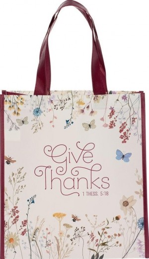 Bolsa Give thanks (1 Tesalonicenses 5:18). Polipropileno. Ciruela/crema floral (inglés)