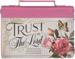 Funda para Biblia Trust in the Lord (Proverbios 3:5). 2 tonos. Rosa/crema floral (inglés) - XL