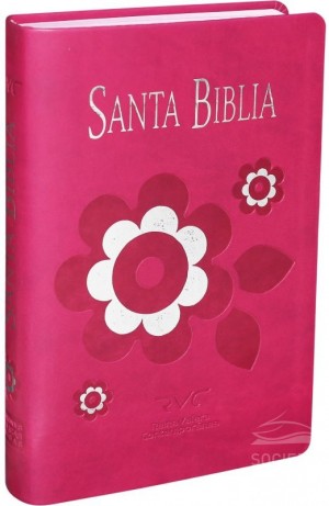 Biblia fuente de bendición. Manual. Letra grande. 2 tonos. Rosa. Flor - RVC