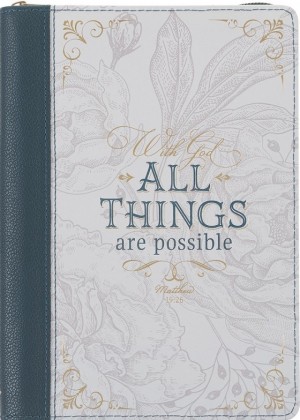 Diario With God all things are possible (Mateo 19:26). 2 tonos. Verde azulado/blanco. Cremallera (inglés)
