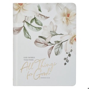 Diario All things for good (Romanos 8:28). Tapa dura entelada. Blanco roto floral (inglés)